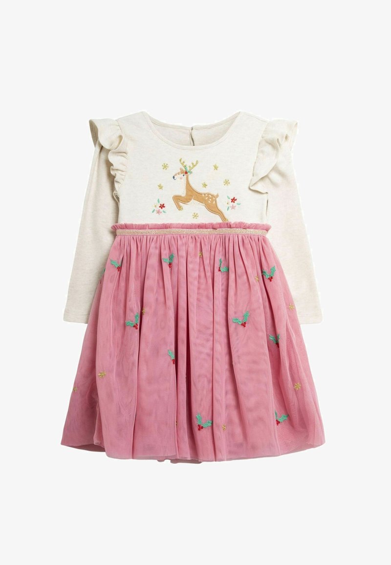 Abito a maniche lunghe con un top beige con spalline arricciate, ricamo di renne e una gonna in tulle rosa decorata con motivi di vischio.