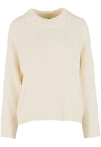 Krémový, nadýchaný svetr s kulatým výstřihem, spadlými rameny a volným střihem. Vyroben z texturovaného materiálu, navržen pro pohodlí.