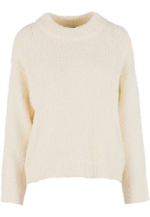 Krémový, nadýchaný svetr s kulatým výstřihem, spadlými rameny a volným střihem. Vyroben z texturovaného materiálu, navržen pro pohodlí.