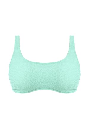 Bikini top v mátově zelené barvě s texturovaným, vroubkovaným designem. Obdélníkový výstřih a široké ramínka, nabízející bezproblémový, minimalistický tvar.
