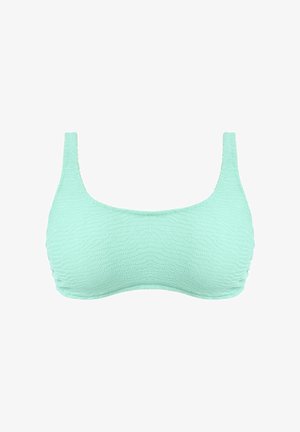 Mintgroene bikini top met een textuur en ribbelontwerp. Vierkante halslijn en brede bandjes, die een naadloze, minimalistische vorm bieden.