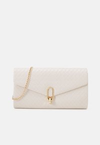 Woven white leather clutch with a gold chain strap and a geometric clasp closure. Features a textured surface and geometric pattern.