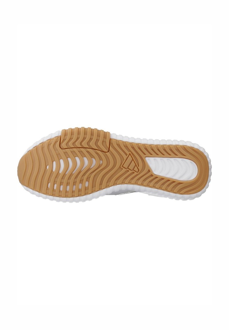 Shoe sole with a textured rubber surface; brown patterned tread on a white base, featuring grooves and a central logo detail.