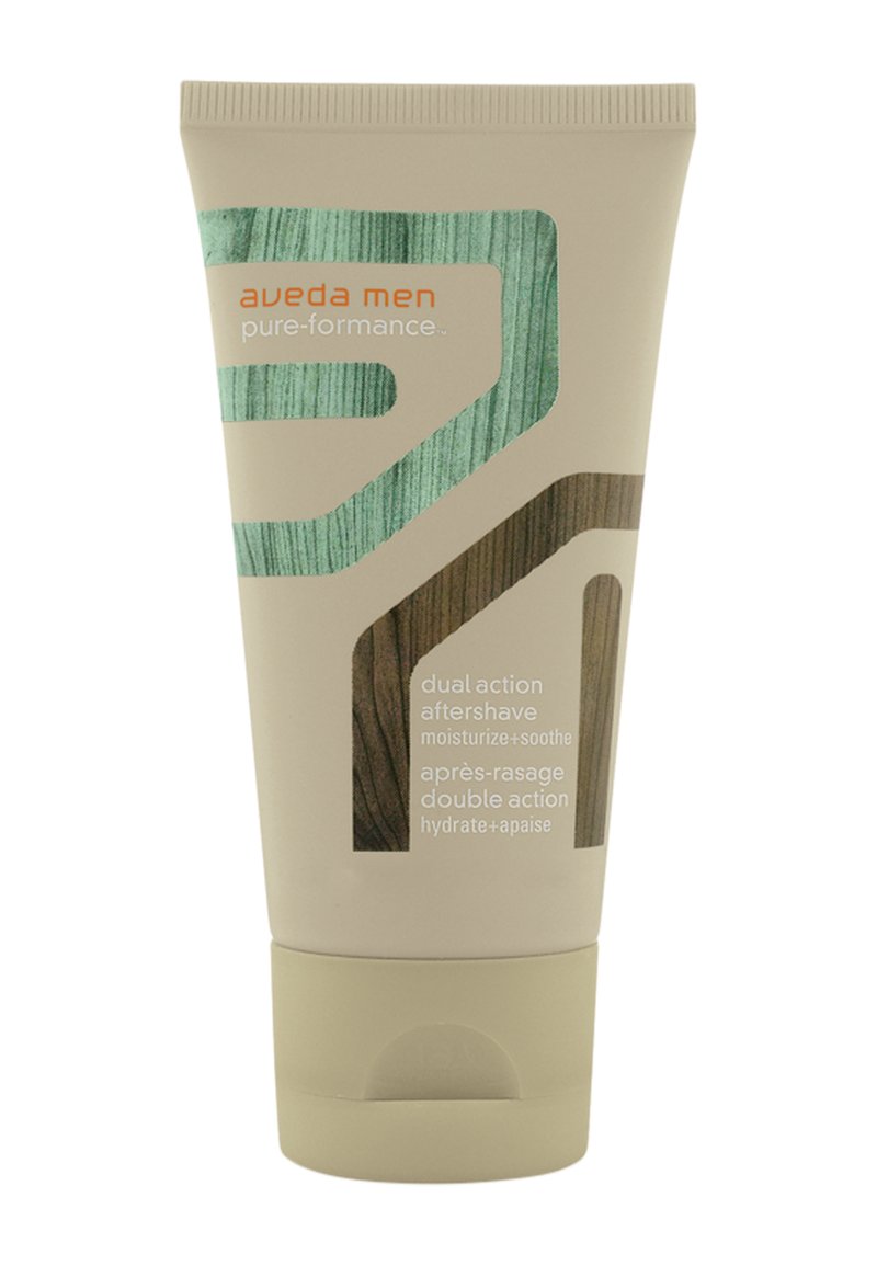 Aftershave de acción dual para hombres de Aveda en un tubo beige suave; presenta acentos gráficos en azul y marrón y texto blanco que indica que es hidratante y suavizante.