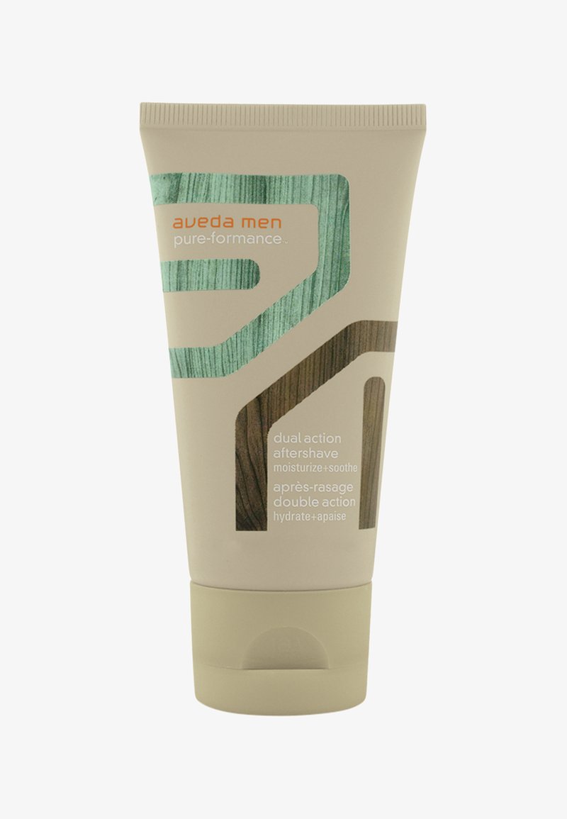 Aveda Men's dual-action aftershave in een zachte beige tube; heeft blauwe en bruine grafische accenten en witte tekst voor moisturizing en verzachting.