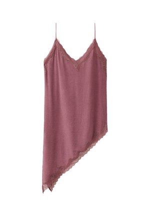 Vestido lencero asimétrico color malva claro con tirantes finos y encaje en el escote y el dobladillo.