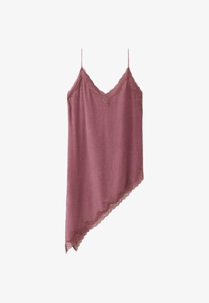 Robe nuisette asymétrique mauve clair avec fines bretelles et bordure en dentelle le long de l'encolure et de l'ourlet.
