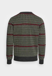 Mörkgrå stickad tröja med grön och röd houndstooth-mönster samt röda horisontella ränder över ryggen och ärmarna.