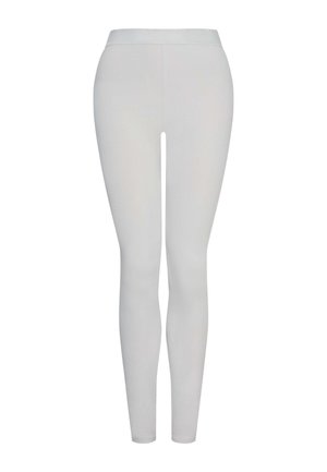 Witte leggings van een glad, rekbaar materiaal. Het heeft een hoge tailleband en een aansluitend ontwerp, zonder enige patronen of versieringen.