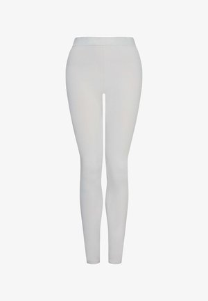 Leggings bianchi con un tessuto liscio e elasticizzato. Presentano una vita alta e un design aderente, privi di qualsiasi motivo o decorazione.