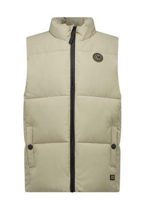 Beige gewatteerd mouwloos vest met hoge kraag, centrale zwarte rits, zijzakken met drukknopen en een klein rond logo op de borst.