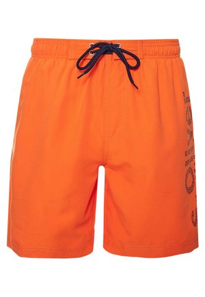 Bright orange swim shorts with an elastic waistband, navy drawstring, and printed graphic detail on the right side. Smooth texture.