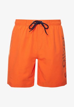 Bright orange swim shorts with an elastic waistband, navy drawstring, and printed graphic detail on the right side. Smooth texture.