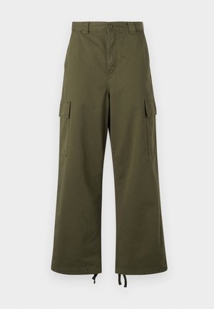 Olijfgroene cargobroek van katoen, met een hoge taille, wijde benen, zijvakken en verstelbare koordjes aan de onderkant.