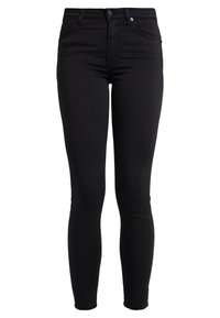 Mustat korkeavyötäröiset skinny-farkut, joissa on etunappi, vetoketju ja viisi taskua, esiteltynä valkoista taustaa vasten.