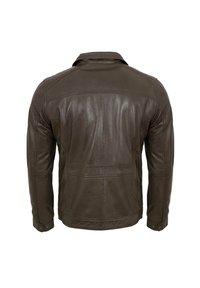 Braune Lederjacke mit gewaschenem Oberflächenstruktur, Knopfmanschetten und einer Rückennähte, mit zwei Gesäßtaschen und einem Kragen.