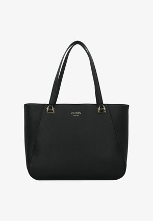 Borsa tote nera realizzata in ecopelle testurizzata. Presenta doppi manici e dettagli in metallo argentato. Logo visibile sulla parte anteriore.