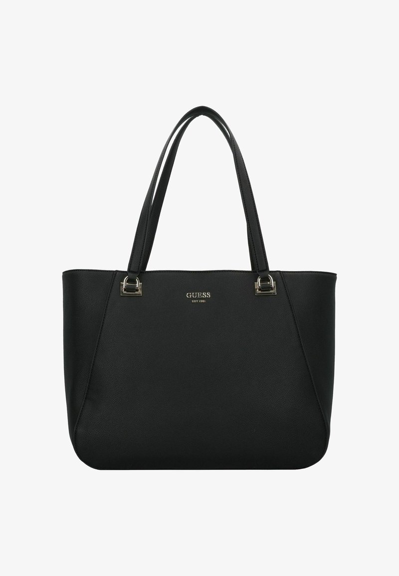 Borsa tote nera realizzata in ecopelle testurizzata. Presenta doppi manici e dettagli in metallo argentato. Logo visibile sulla parte anteriore.