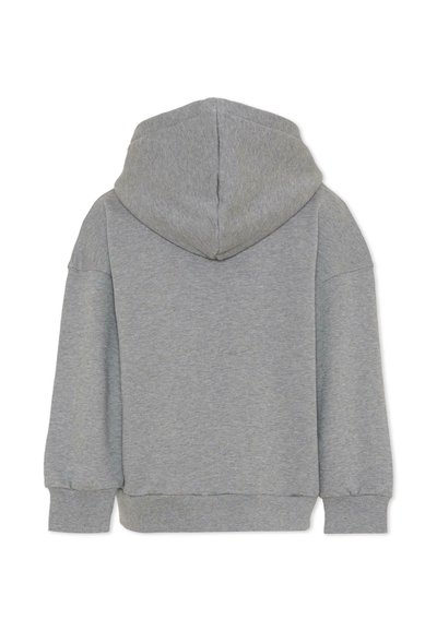 Felpa con cappuccio grigio chiaro semplice vista da dietro con maniche lunghe e polsini e orlo a coste.