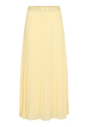 Gonna lunga gialla pallida plissettata con una larga cintura e orlo fluente, mostrata su sfondo bianco.