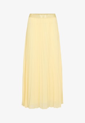 Jupe longue plissée jaune pâle avec une large ceinture et un ourlet fluide, présentée sur fond blanc.