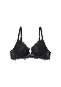 Reggiseno in pizzo nero con coppe imbottite, bordi a onda e sottili spalline regolabili. Pannelli in rete trasparente con motivi floreali sul tessuto.