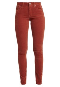 Slim-fit kordflorsbyxor i rostfärg, med hög midja, femfickorsdesign, knäppning fram och mjukt texturerat tyg.