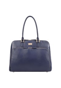 Sac à main en cuir bleu marine avec double poignée, fermeture zippée sur le dessus, poche zippée à l'avant et accents en métal argenté. Texture lisse sur l'ensemble.