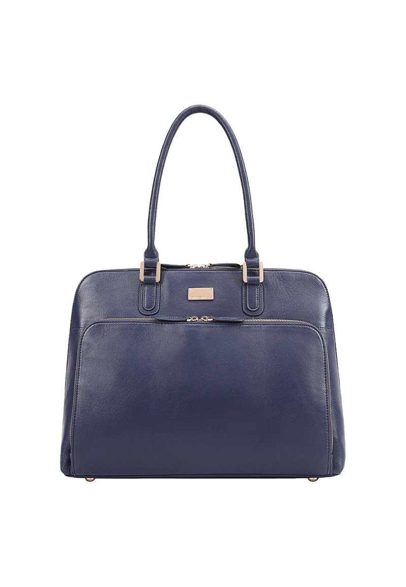 Sac à main en cuir bleu marine avec double poignée, fermeture zippée sur le dessus, poche zippée à l'avant et accents en métal argenté. Texture lisse sur l'ensemble.