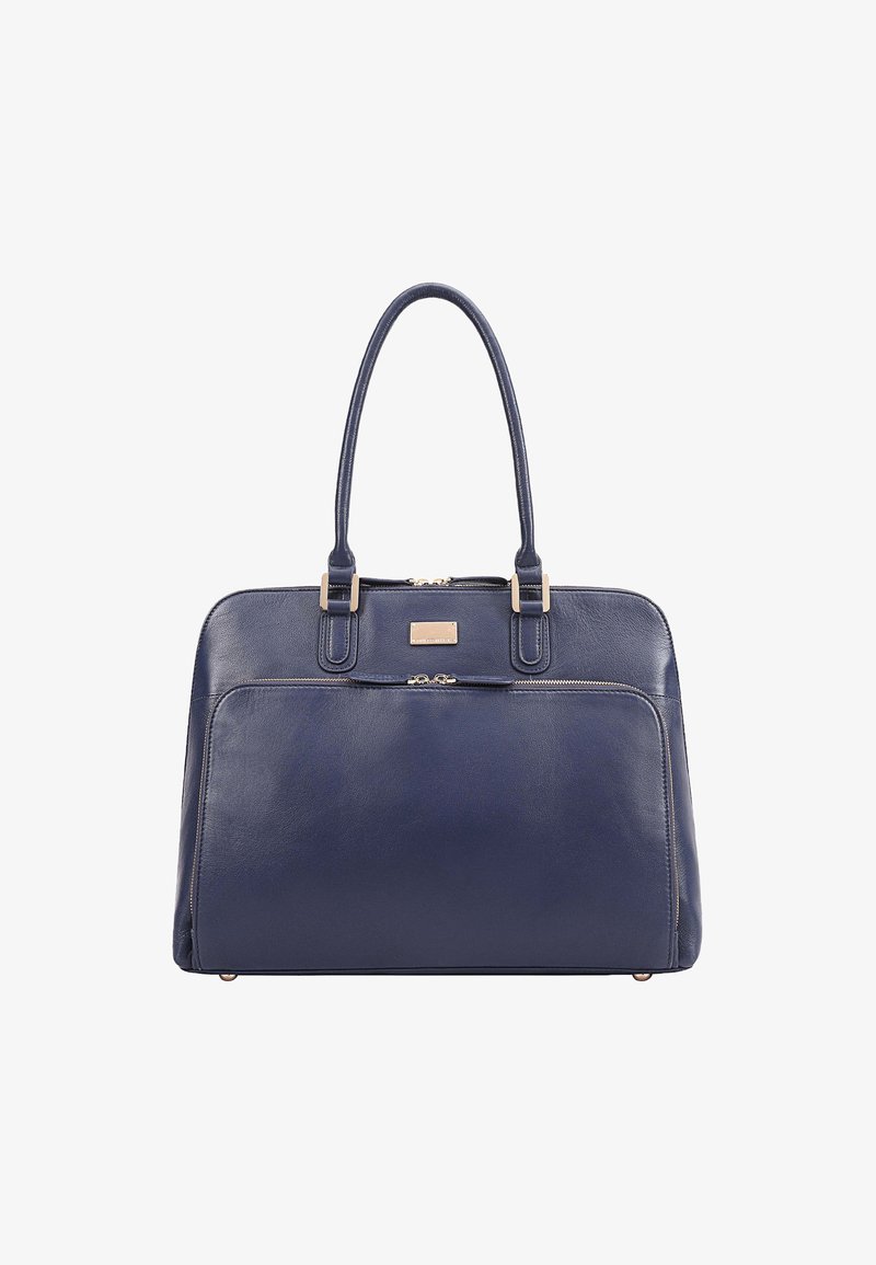 Sac à main en cuir bleu marine avec double poignée, fermeture zippée sur le dessus, poche zippée à l'avant et accents en métal argenté. Texture lisse sur l'ensemble.