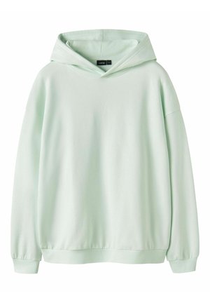 Hanorac tip pulover într-o nuanță deschisă de verde mentă, cu mâneci lungi, manșete și tiv striate, și glugă, prezentat pe un fundal alb.