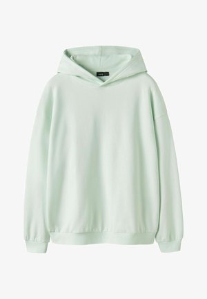 Hele mintroheline pika varrukaga kapuutsiga pusa, millel on soonikkoes mansetid jaäär, kujutatud valgel taustal.