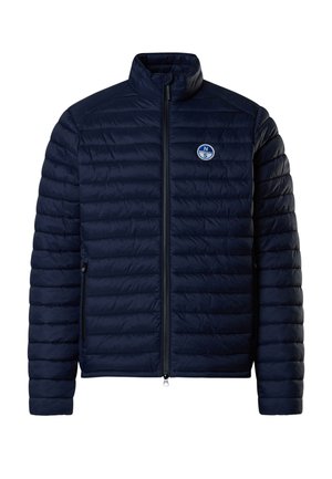 Navy blue quilted jacket with full front zipper, stand-up collar, zippered side pockets, and a round blue and white logo on the chest.