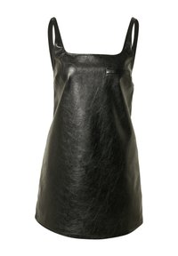 Schwarzes, ärmelloses Lederkleid mit einem quadratischen Ausschnitt, das eine glatte Textur und ein minimalistisches Design aufweist, am Saum leicht ausgestellt.