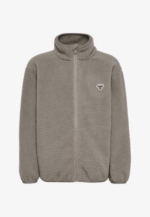 Kurtka polarowa w jasnoszarym kolorze z wysokim kołnierzem, pełnym zamkiem błyskawicznym, elastycznymi mankietami oraz małym haftowanym logo na lewej piersi. Miękka faktura.