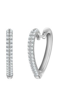 Silver hoop earrings with a smooth finish, featuring a row of small, round, clear gemstones set along the outer edge.