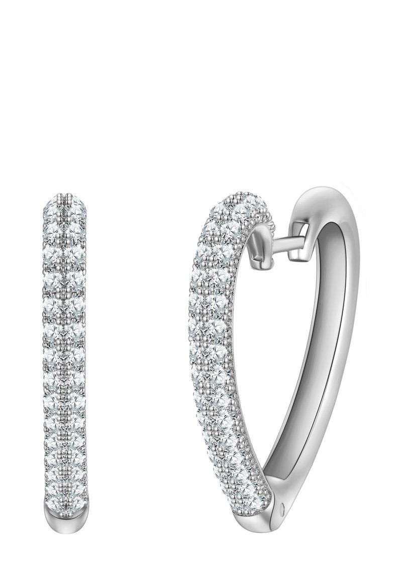 Silver hoop earrings with a smooth finish, featuring a row of small, round, clear gemstones set along the outer edge.