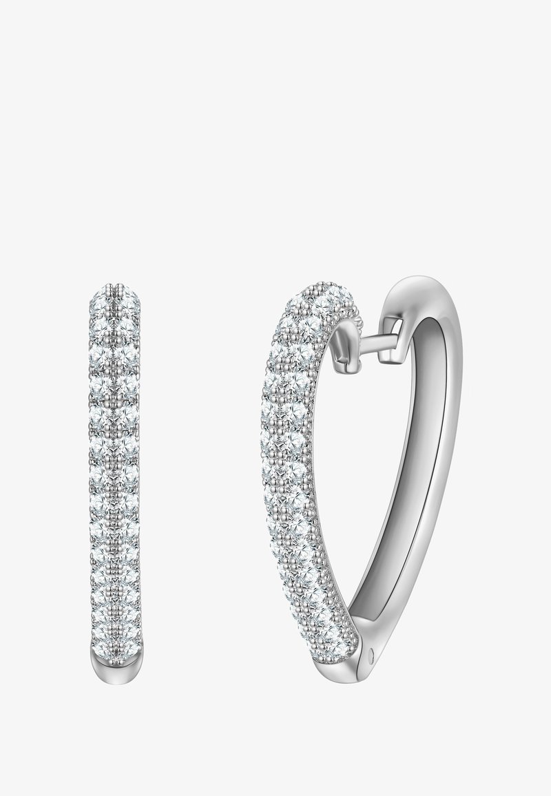 Cerceluşe din argint cu o finisare netedă, având o serie de pietre prețioase mici, rotunde și transparente așezate de-a lungul marginii exterioare.