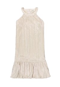 Vestido sin mangas de un beige claro con un dobladillo con volantes, que presenta pliegues verticales y un diseño de cuello alto. Fabricado en una tela texturizada y brillante.
