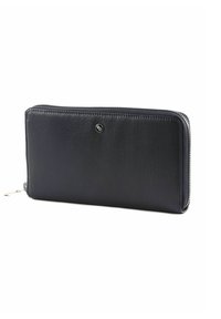 Portefeuille en cuir noir avec fermeture éclair, forme rectangulaire, texture subtile et petit logo à l'avant. Design lisse et structuré.