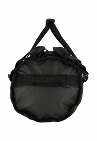 Zwarte, ronde tas gemaakt van duurzaam materiaal met verstelbare schouderbanden, een platte handgreep en twee cilindervormige zakken bovenop voor accessoires.