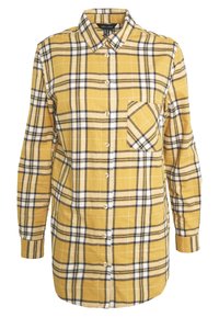 Camicia a quadri gialla in cotone, con colletto a bottoni, maniche lunghe, tasca sulla parte anteriore e motivi a check bianchi e blu navy.