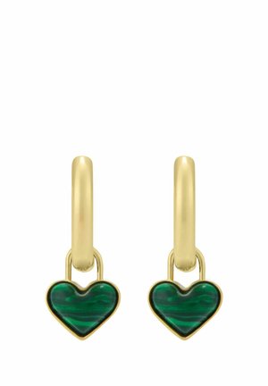 Gold hoop earrings with dangling green malachite heart-shaped charms, set against a white background.