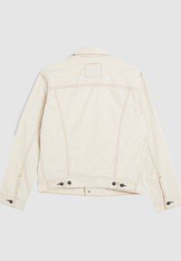 Lichtbeige spijkerjack met contraststiksels, voorzien van een kraag, lange mouwen, knoopmanchetten en verstelbare taillebanden.