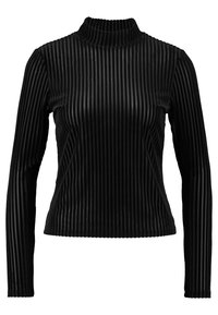 Schwarzes Langarmshirt mit hohem Kragen, vertikaler Rippstruktur und taillierter Passform. Glattes Material ohne zusätzliche Muster.