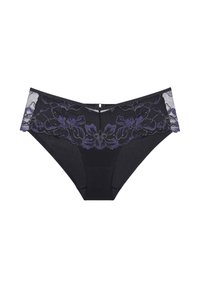 Schwarze Unterwäsche mit aufwendigen lila Blumen-Spitze Akzenten am Bündchen und an den Seiten, einem glatten Stoffkörper und einem kleinen Verschluss hinten.
