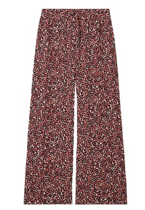 Pantalons large en imprimé léopard de couleur rose, noir et crème ; dotés d'une taille élastique avec un lien ajustable, fabriqués à partir d'un tissu doux.