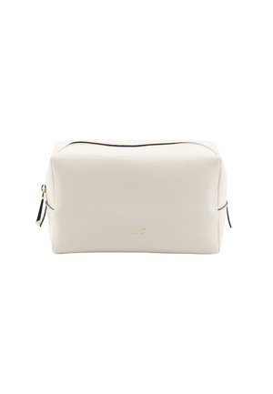 Rectangular white leather toiletry bag with black zipper and small gold brand logo on the front.