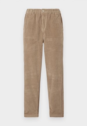 Brown corduroy pants with an elastic waistband, featuring flat front pockets and a straight-leg design. Soft texture and ribbed pattern.