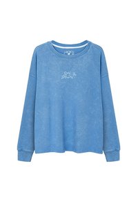 Jasnoniebieska długosleeve bluza w stylu vintage. Posiada okrągły dekolt oraz prosty biały nadruk graficzny z przodu. Miękki, teksturowany materiał.
